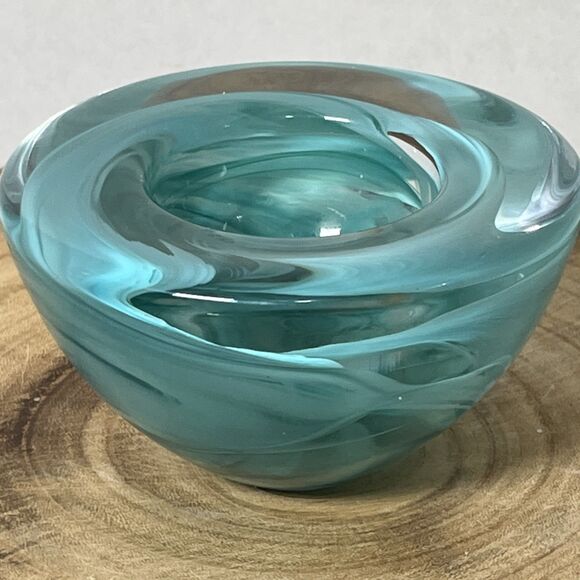 Kosta Boda Anna Ehrner 4.5" Light Blue Swirl Art Glass Candle Holder Bowl - Picture 3 of 7